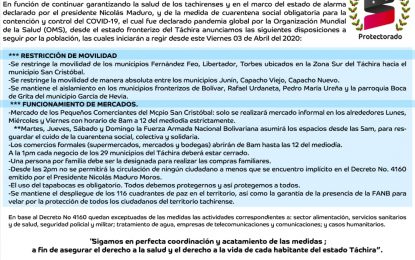 Gobierno Bolivariano aprueba nuevas medidas para contener el Covid-19 en Táchira 