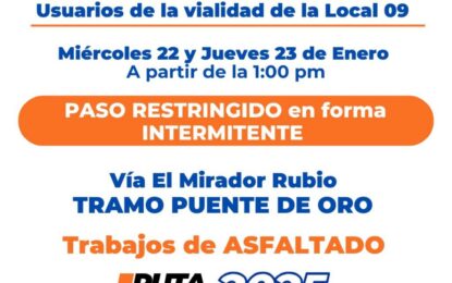 Paso restringido en tramo Puente de Oro vía Rubio