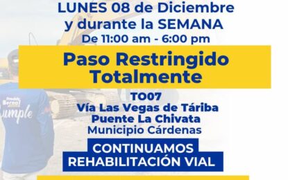 Paso Restringido en Las Vegas de Táriba TO07 por trabajos de Asfaltado